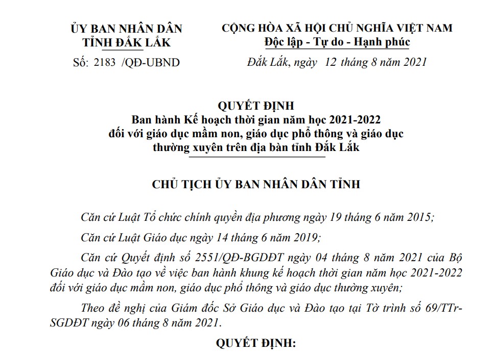 Kế hoạch thời gian năm học 2021-2022 đối với giáo dục mầm non, giáo dục phổ thông và giáo dục thường xuyên trên địa bàn tỉnh Đắk Lắk